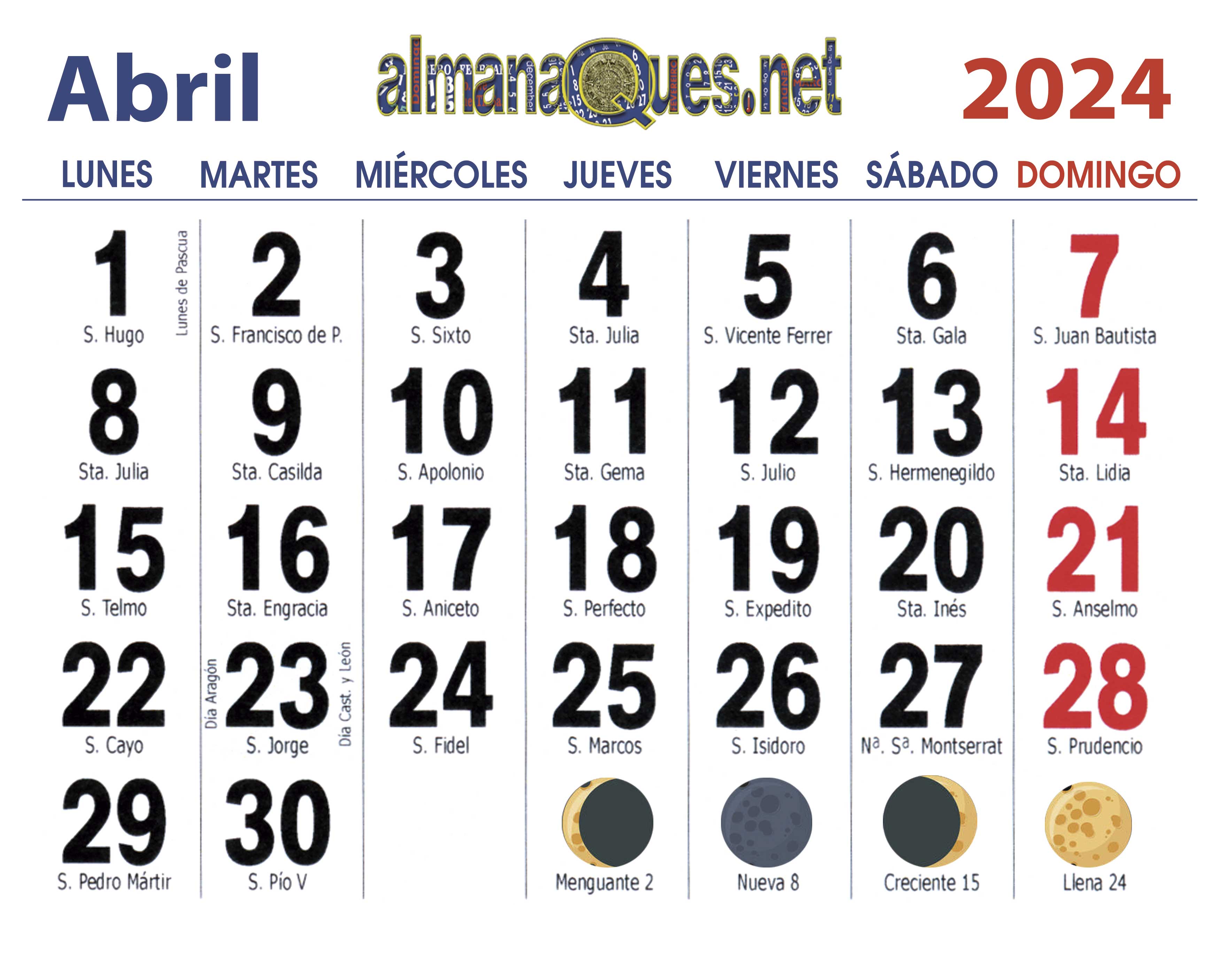 Calendario 2024 Con Santoral Y Lunas