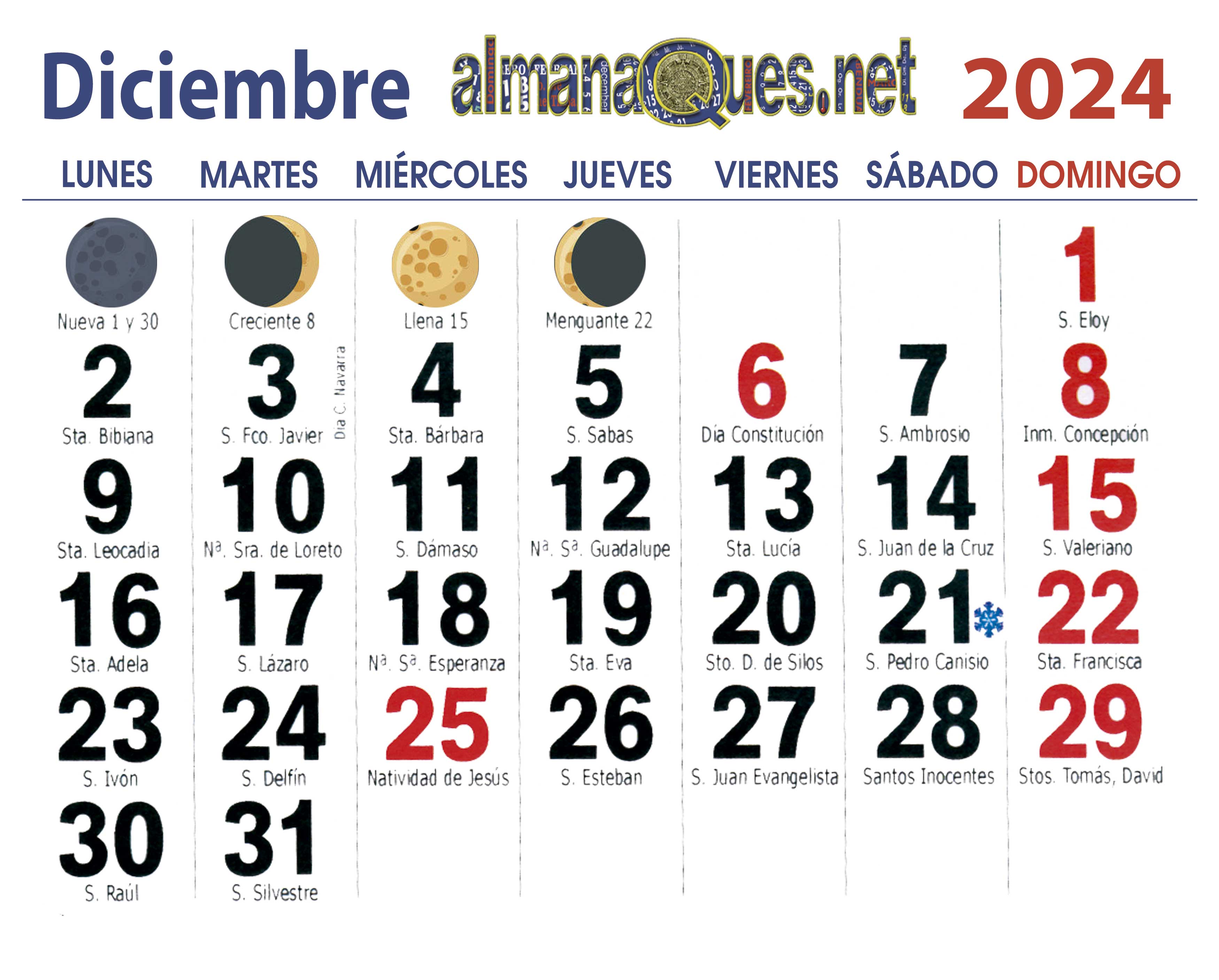 Calendario 2024 Con Santoral Y Lunas