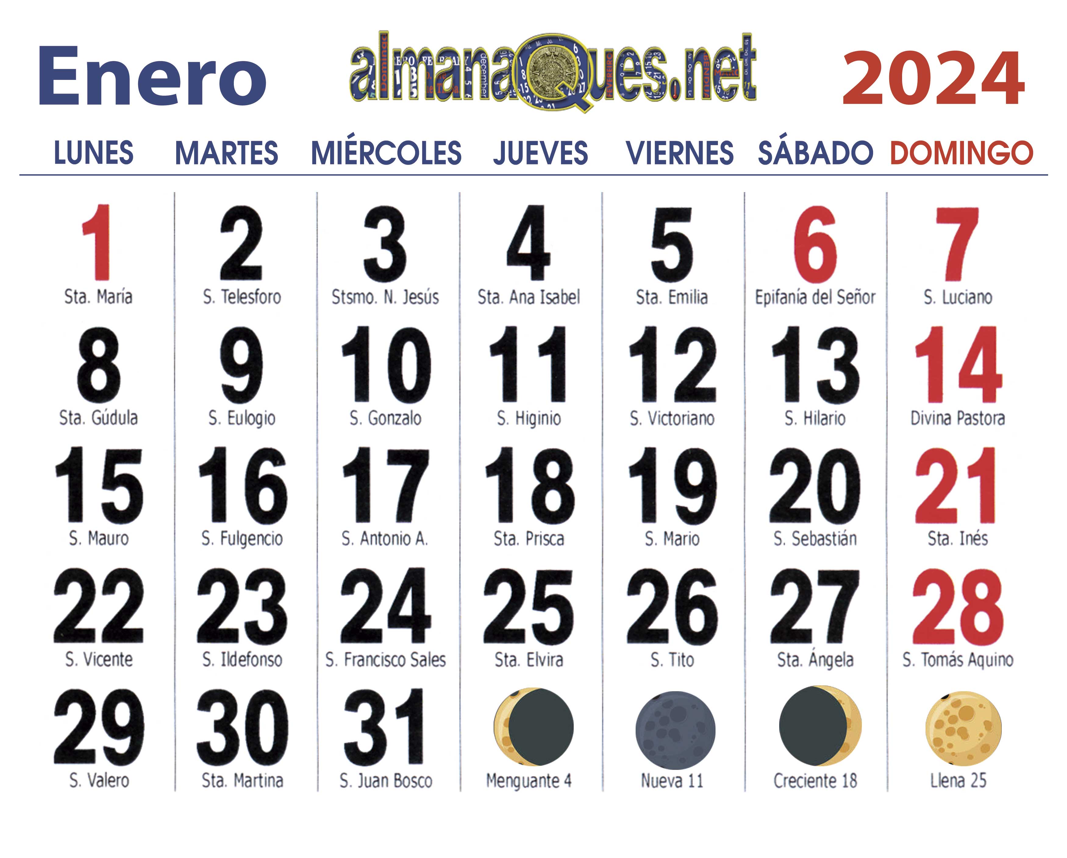 calendario 2024 con santoral y lunas